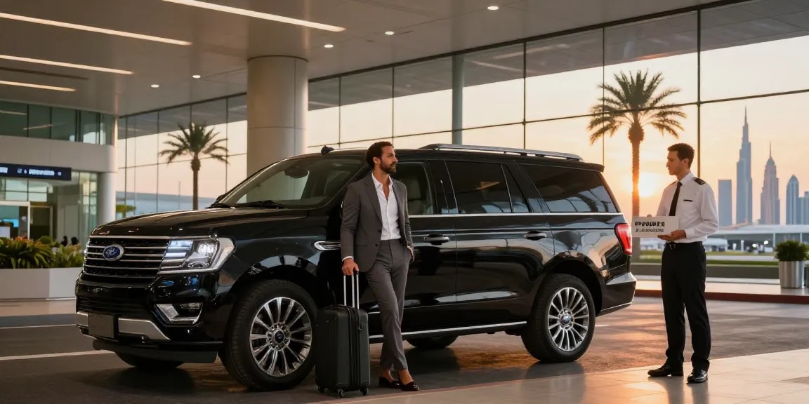 airport transfer dubai luxury with professional chauffeur and high-end SUV in modern airport setting