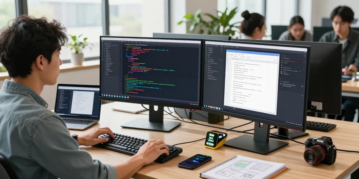Developer coding in a modern workspace, showcasing cika4d software development with dual monitors.