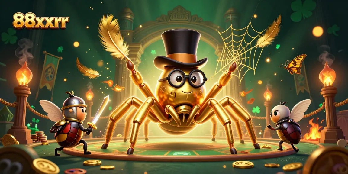 Engage with thrilling action in 88xxrr as a cartoon knight approaches a golden tarantula weaving a casino web.