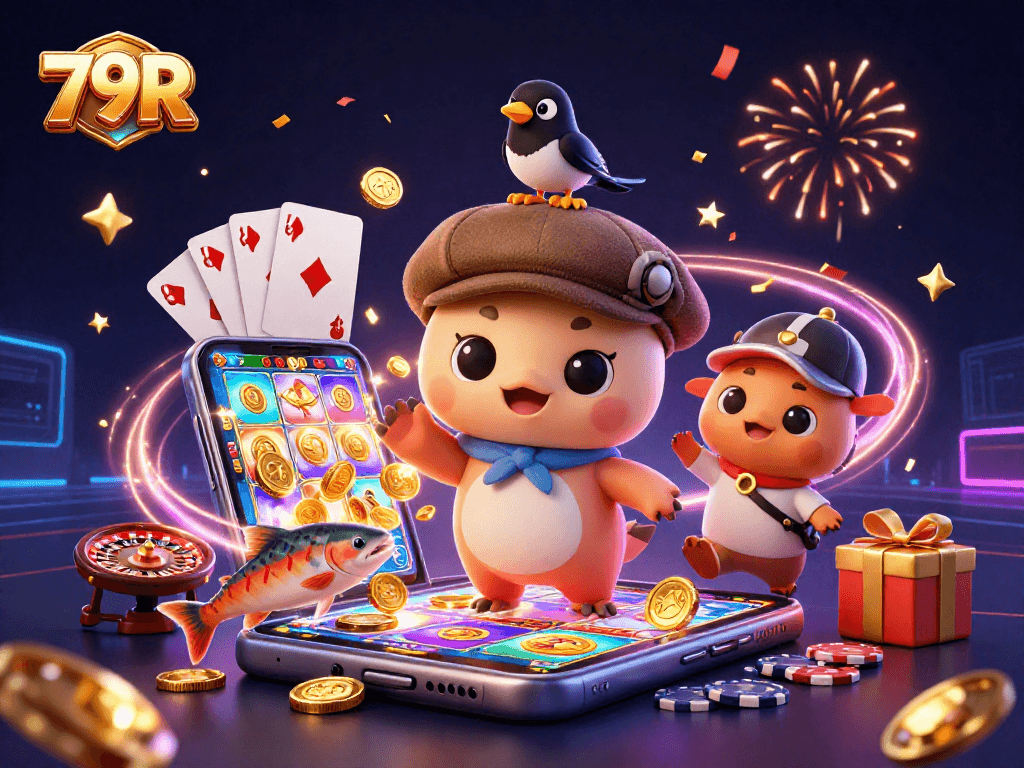 Jogadores no 79R explorando slots com elementos vibrantes e personagens encantadores.