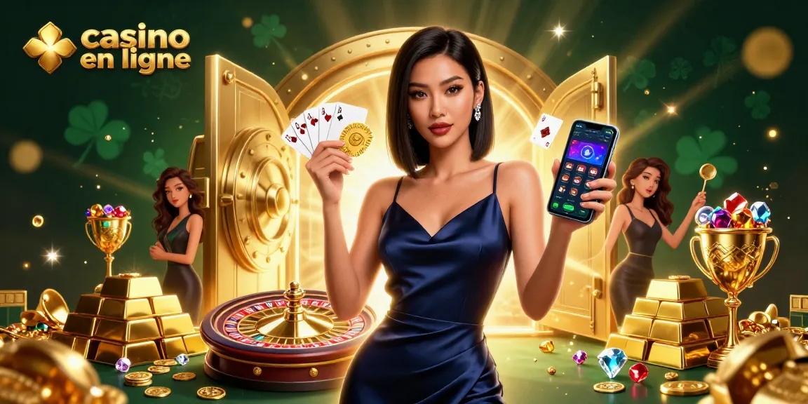 Découvrez l'excitation du casino en ligne avec des visuels époustouflants d'une femme et d'éléments de casino.