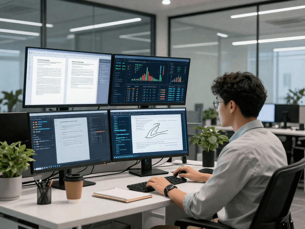 Data analyst using advanced document fraud detection technology in a modern office setting, highlighting AI analytics and real-time data.