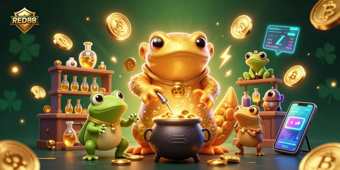 Explore gaming strategies with RED88 in a vibrant 3D casino scene featuring coins and alchemical elements.