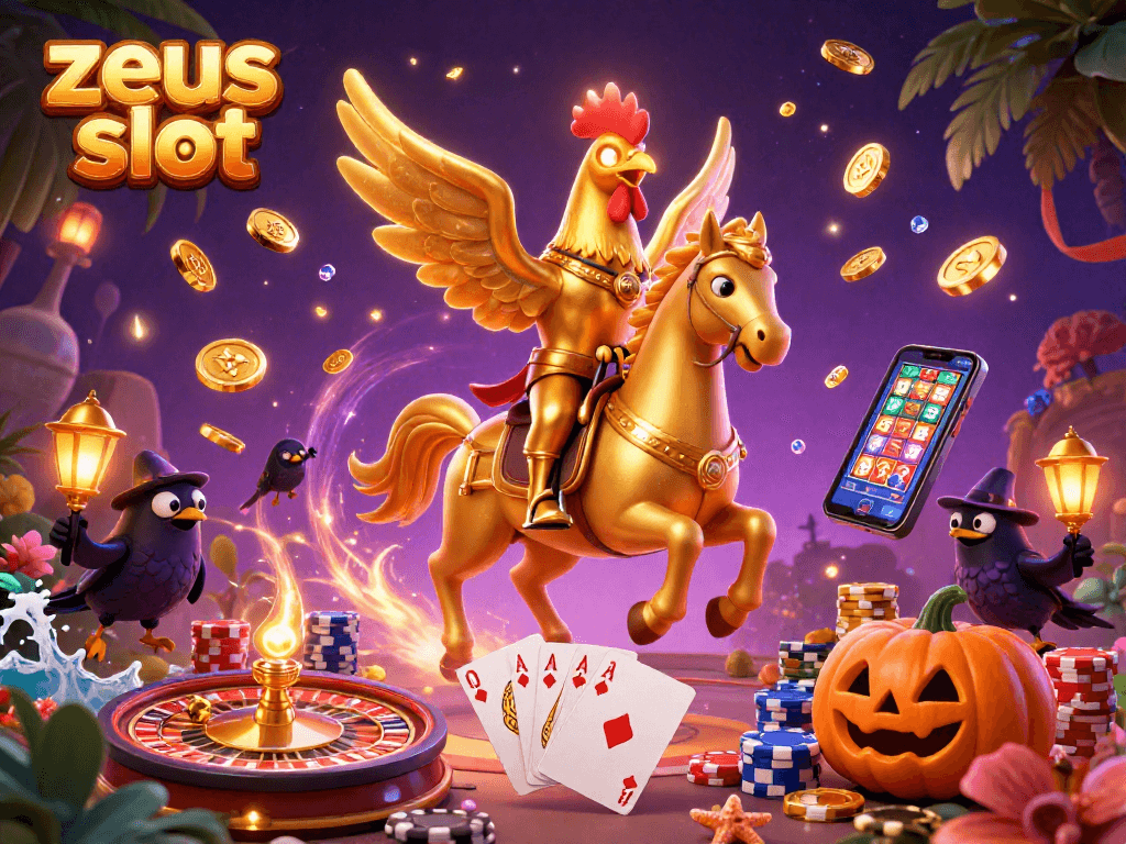 Experience thrilling action with zeus slot featuring a golden rooster in a mystical casino filled with treasures.