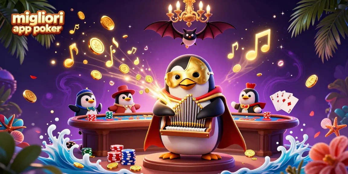 Scopri le migliori app poker mentre gioca il pinguino fantasma su un tavolo da poker, circondato da monete colorate e dettagli vivaci.