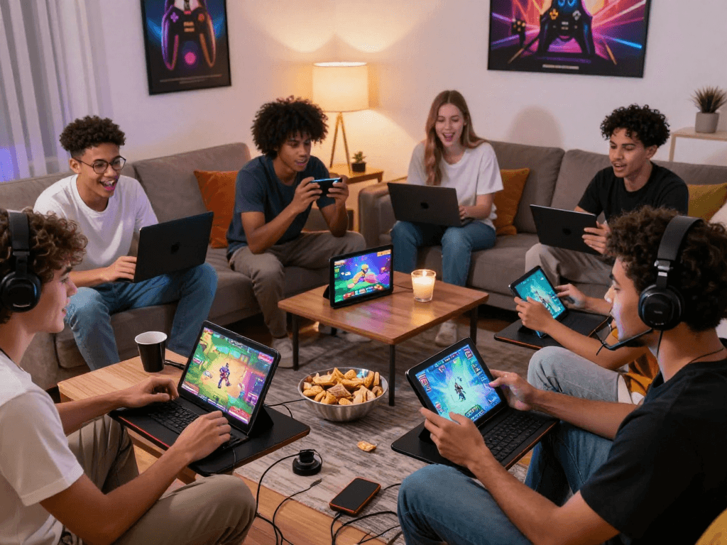 Excited players enjoying porngames on various devices in a cozy living room setting.