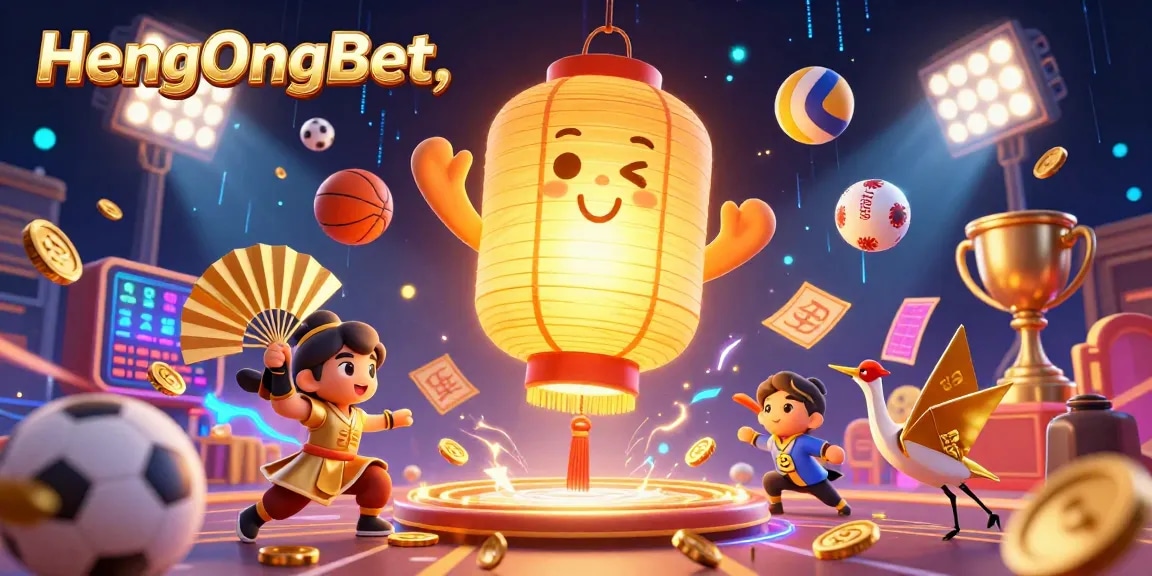 Experience the vibrant energy of HengOngBet's casino scene with dynamic elements and glowing characters.