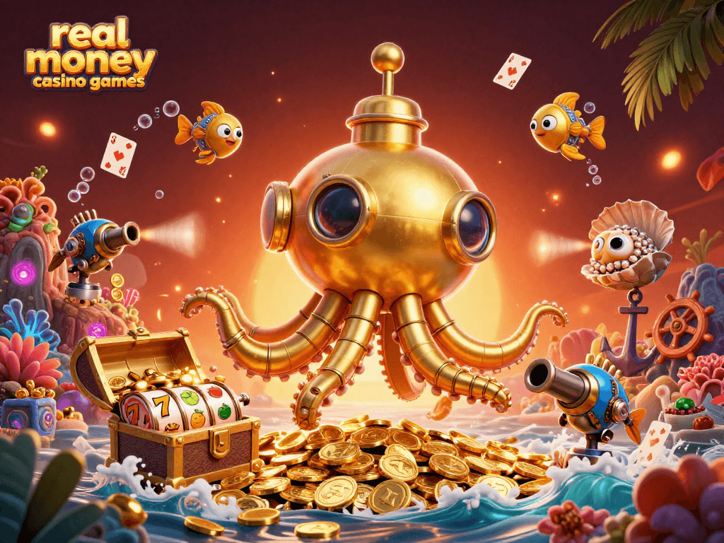 Engage in real money casino games with the golden kraken submarine and treasure treasures.