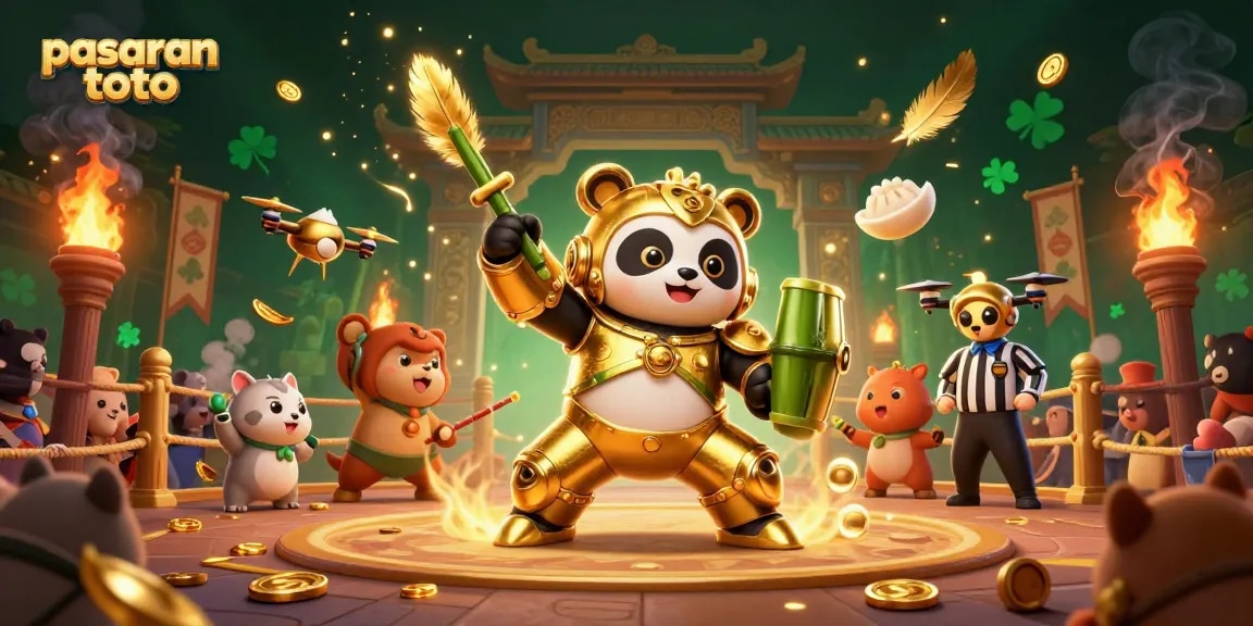 Experience the thrill of pasaran toto with dynamic 3D illustration of a mech-suit panda in a gaming arena.