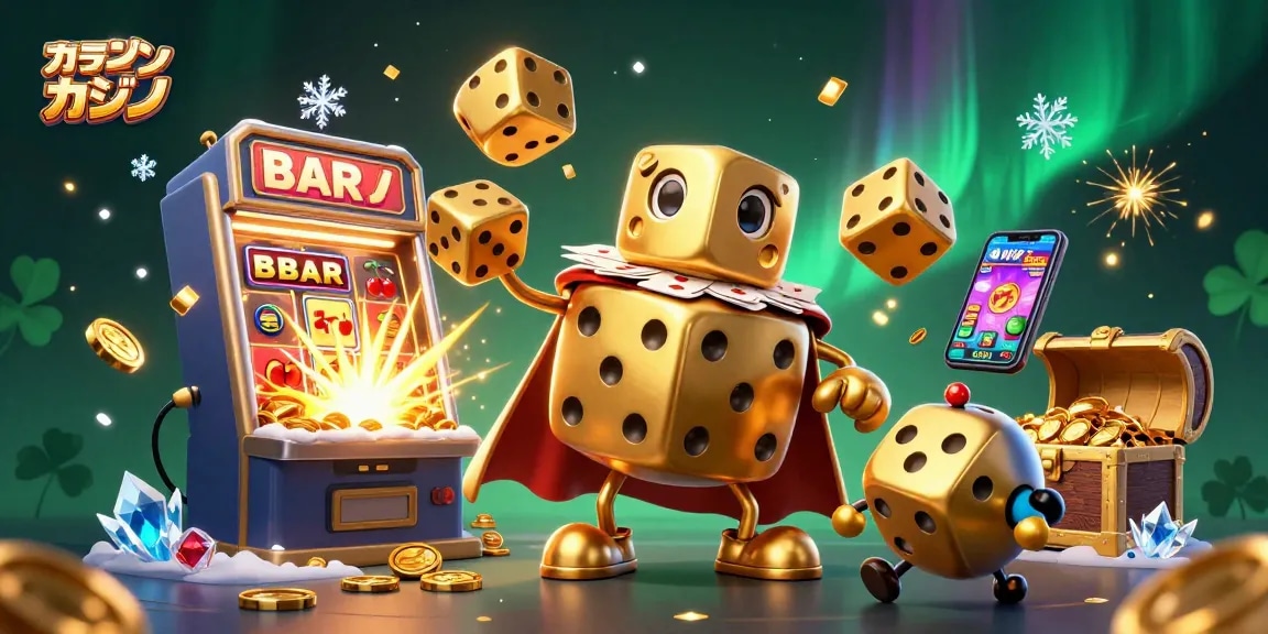 オンラインカジノをテーマにした、黄金のサイコロの巨人が小さなサイコロをジャグリングしているグラフィック。