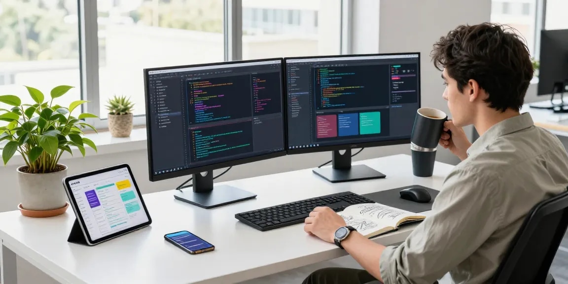 Developer coding in a modern workspace with dual monitors showcasing the 纸飞机中文版 app, surrounded by tech gadgets and a bright atmosphere.