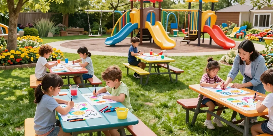 Kids engaging in art activities on colorful pages for kids in sunny outdoor play area.