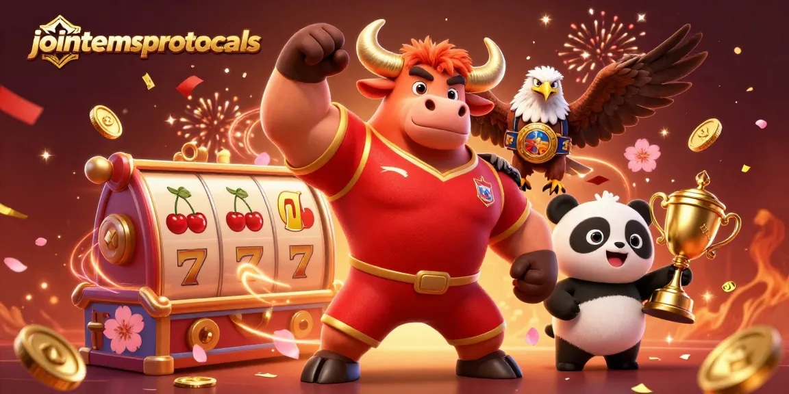 Menghadirkan jointemsprotocols, simbol kemenangan kasino dengan singa jantan dan panda ceria memegang trofi.