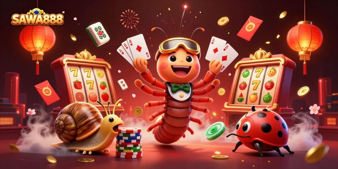 SAWA888 showcases an exciting scene with a millipede dealer, a snail high-roller, and a pill bug, surrounded by vibrant slot elements and festive decorations.