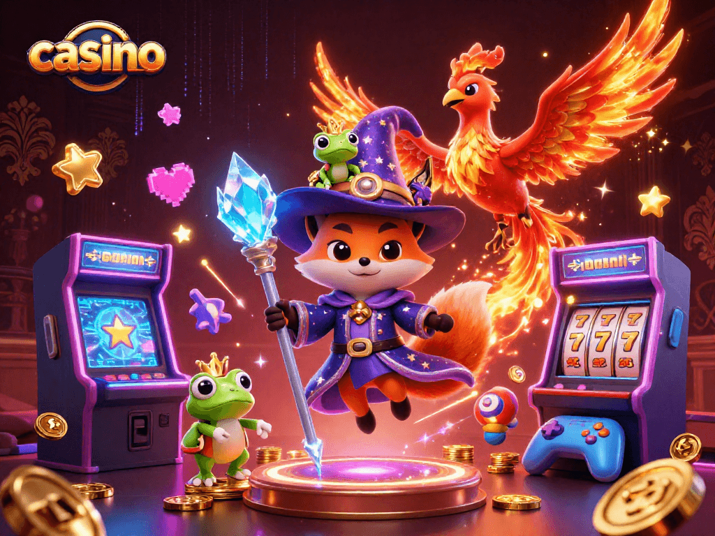 Engage in an exciting casino adventure with the wizard fox, phoenix, and enchanted frog!