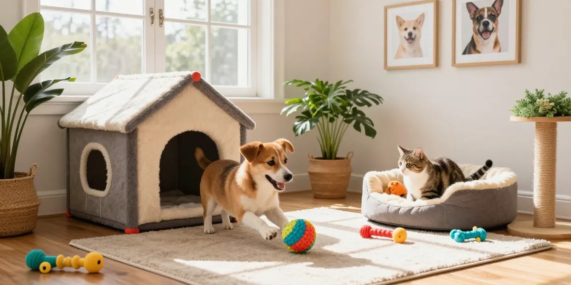 Interactive pet playhouse scene with NAGA2000-themed toys and happy pets playing together in a cozy atmosphere