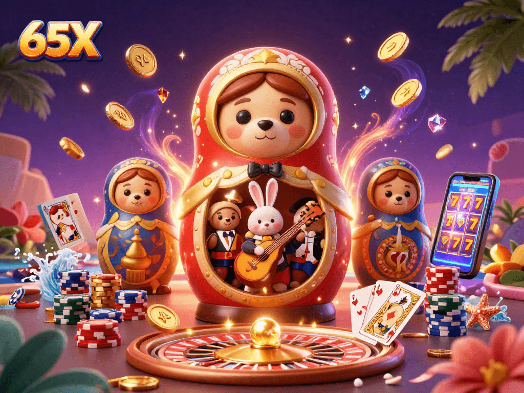 O jogo nos slots 65X apresenta ursos Matryoshka e muitos itens de cassino vibrantes.