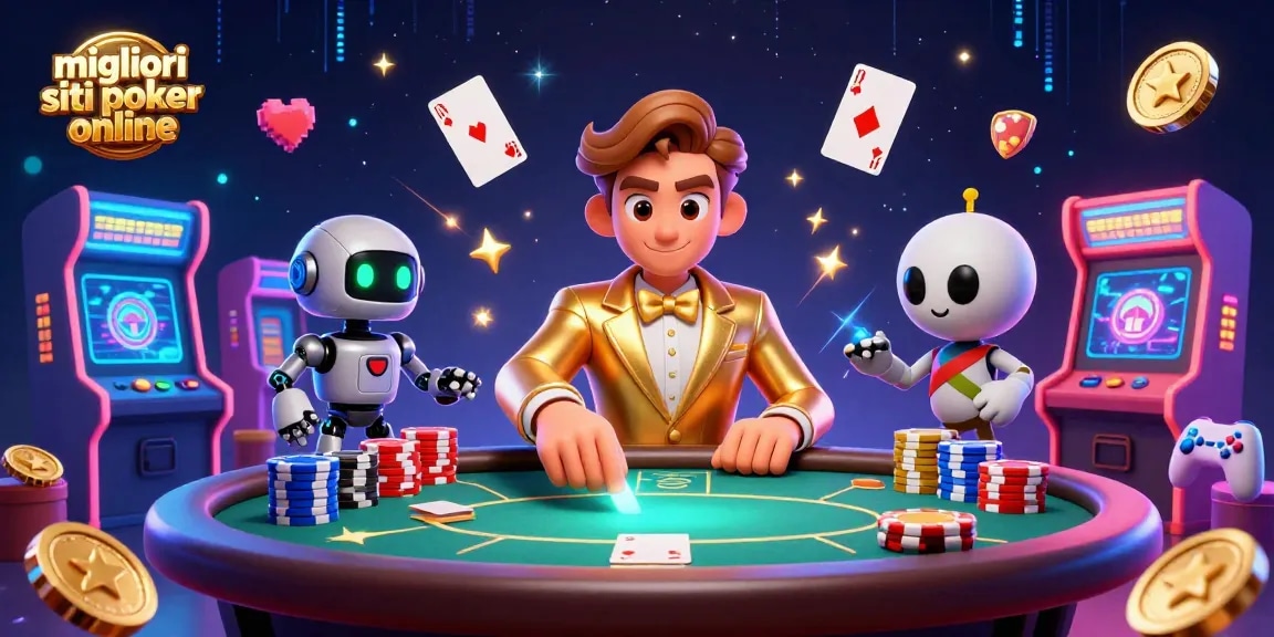 I migliori siti poker online presentano un tavolo da poker vibrante con personaggi fantastici e mazzi di carte volanti.