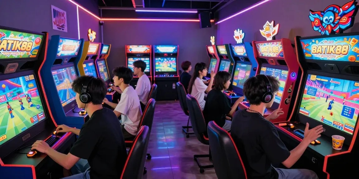 Pengalaman bermain game di BATIK88 dengan hadiah jutaan, suasana ceria di arcade urban.