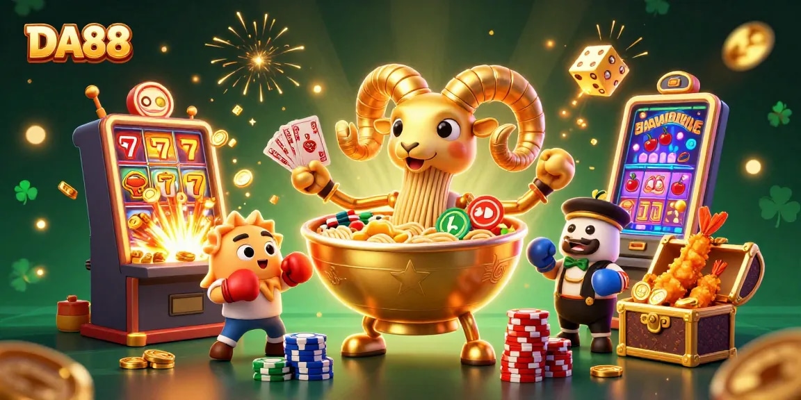 Engage with DA88 in a vibrant casino scene featuring a giant ramen bowl dealer amidst a jackpot explosion.