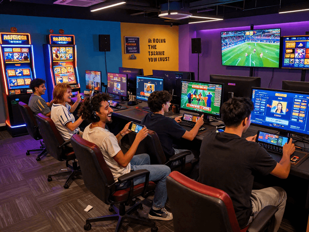 Players enjoying the raja328 link gaming platform in a vibrant lounge, celebrating wins with devices.