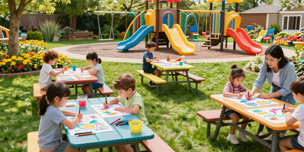 Kids engaging in art activities on colorful pages for kids in sunny outdoor play area.