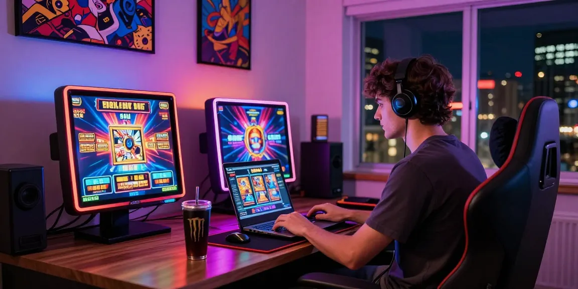 Engaging online slot gaming scene with a user playing slots on a laptop, vibrant LED lights enhancing the atmosphere.