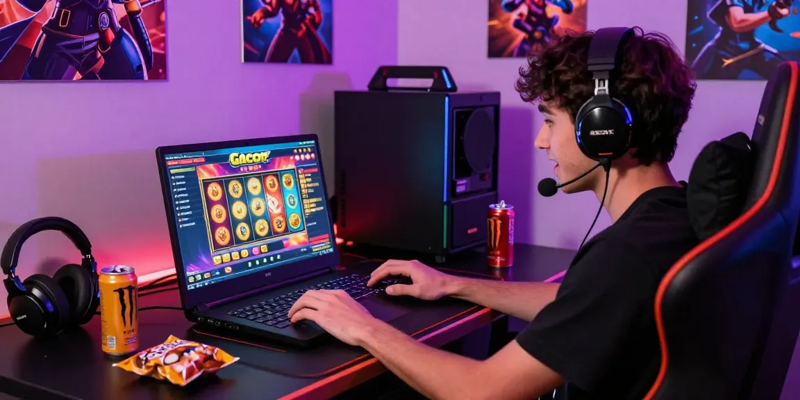 Penggemar bermain slot gacor di ruang bermain yang cerah dengan grafik menarik.