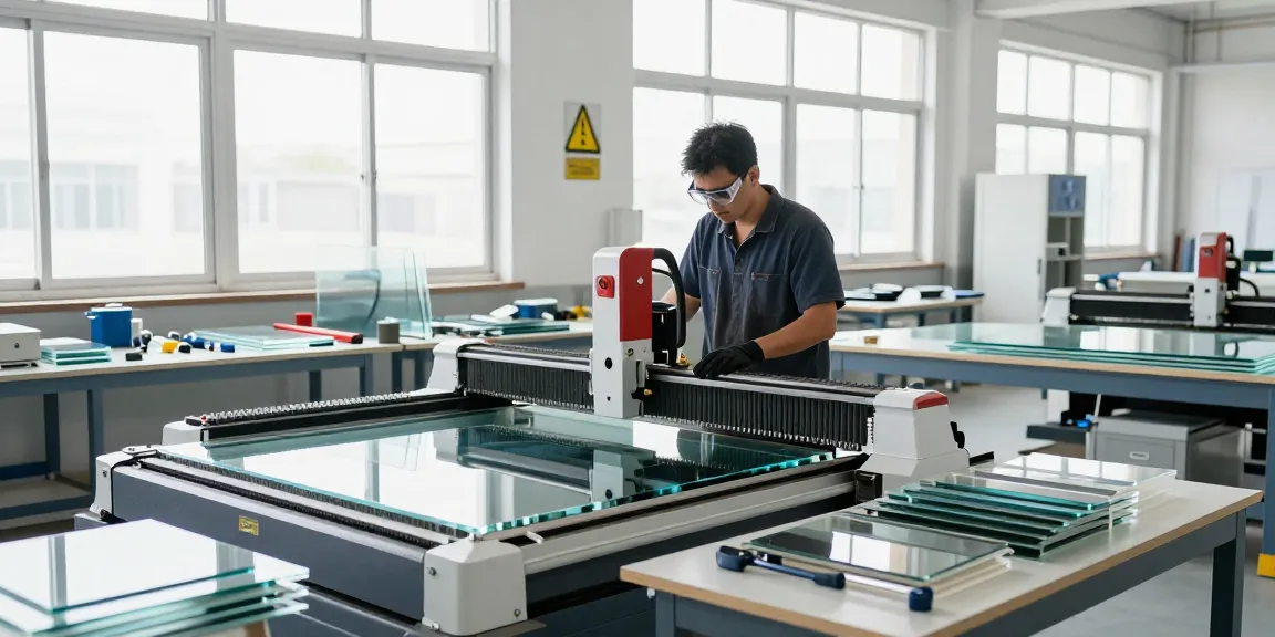 Technician operating a advanced glass cutting machine in modern workshop setting.