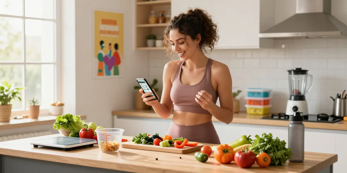 Woman joyfully using the best AI macro tracker app while preparing healthy meals in a bright kitchen.