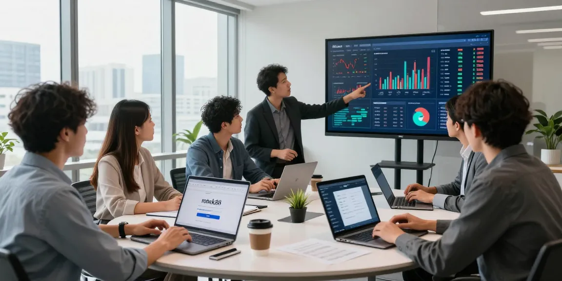 Dynamic team collaborating on rokok88 login and financial analytics in modern office.
