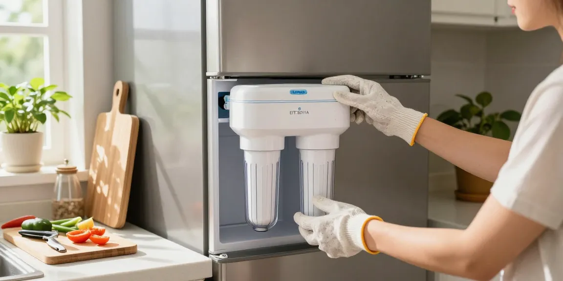 Installing EcoAqua EFF-6011A Refrigerator Water Filter in a bright kitchen