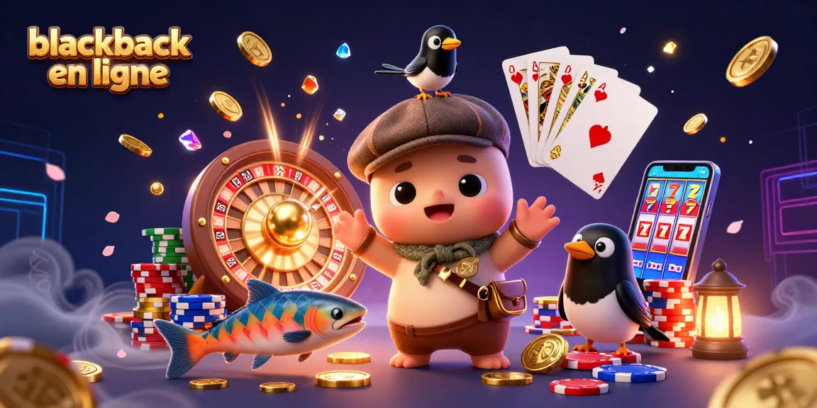 Profitez du blackjack en ligne avec cette illustration animée représentant des personnages de casino et des éléments de jeu.