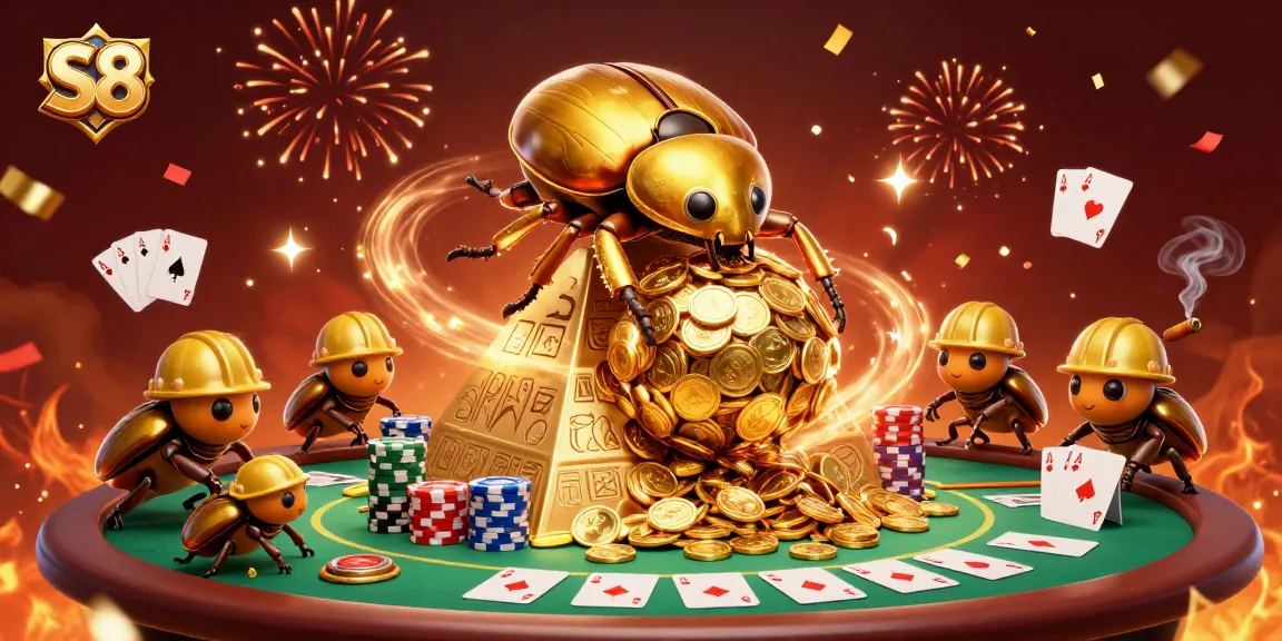 S8's golden dummy beetle rolls coins while poker chips and cards showcase a vibrant casino atmosphere.