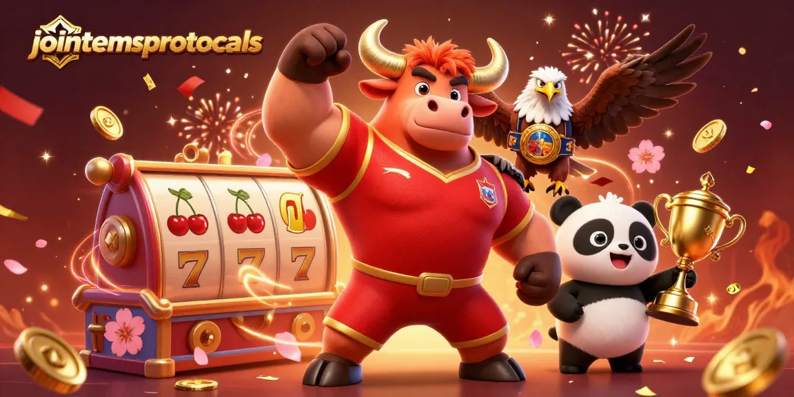 Menghadirkan jointemsprotocols, simbol kemenangan kasino dengan singa jantan dan panda ceria memegang trofi.