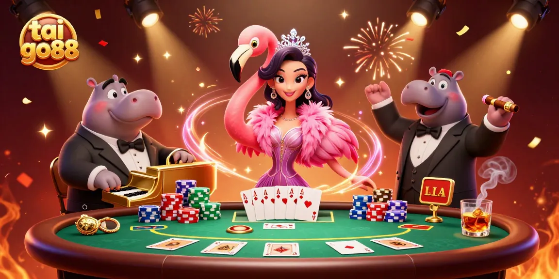 Join the vibrant action at tai go88's animated casino party with poker chips and lively characters.