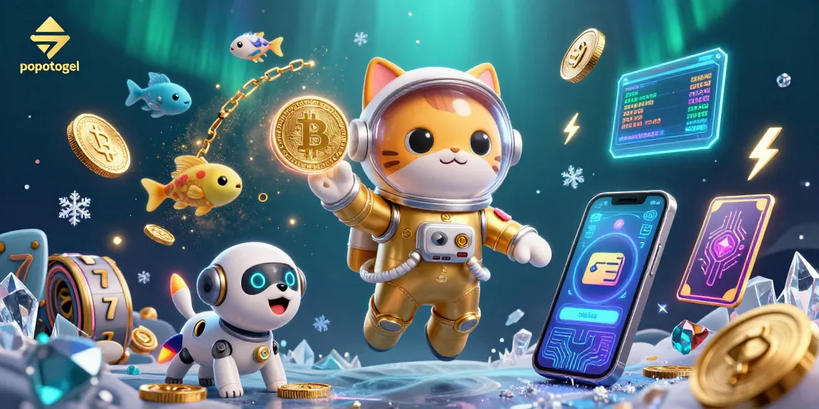 Engage with popotogel's thrilling gaming scene featuring vibrant slot reels and crypto elements.