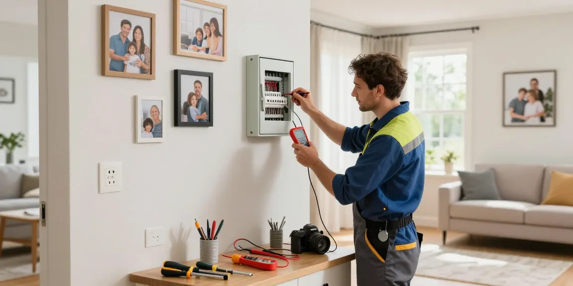 Home electrical safety electrician inspecting panel with voltage meter in modern living room