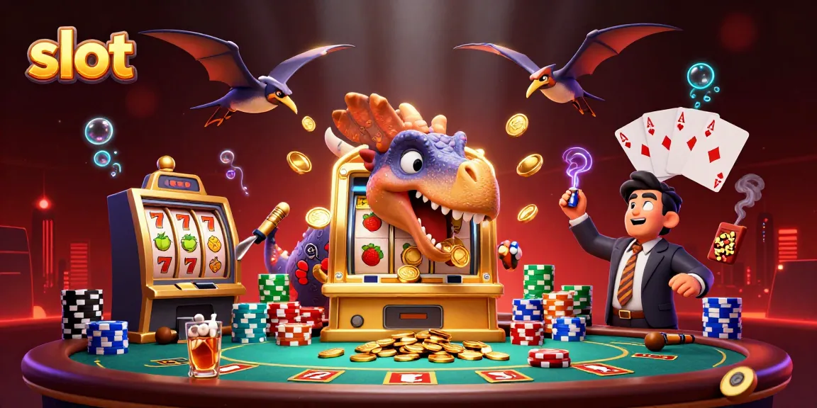 Momen seru permainan slot saat dinosaurus bermain dengan mesin slot mengeluarkan koin jackpot.