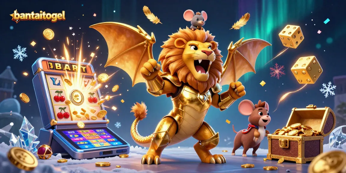 Experience thrilling jackpots with bantaitogel, featuring a dynamic scene of excitement and winning slot game elements.