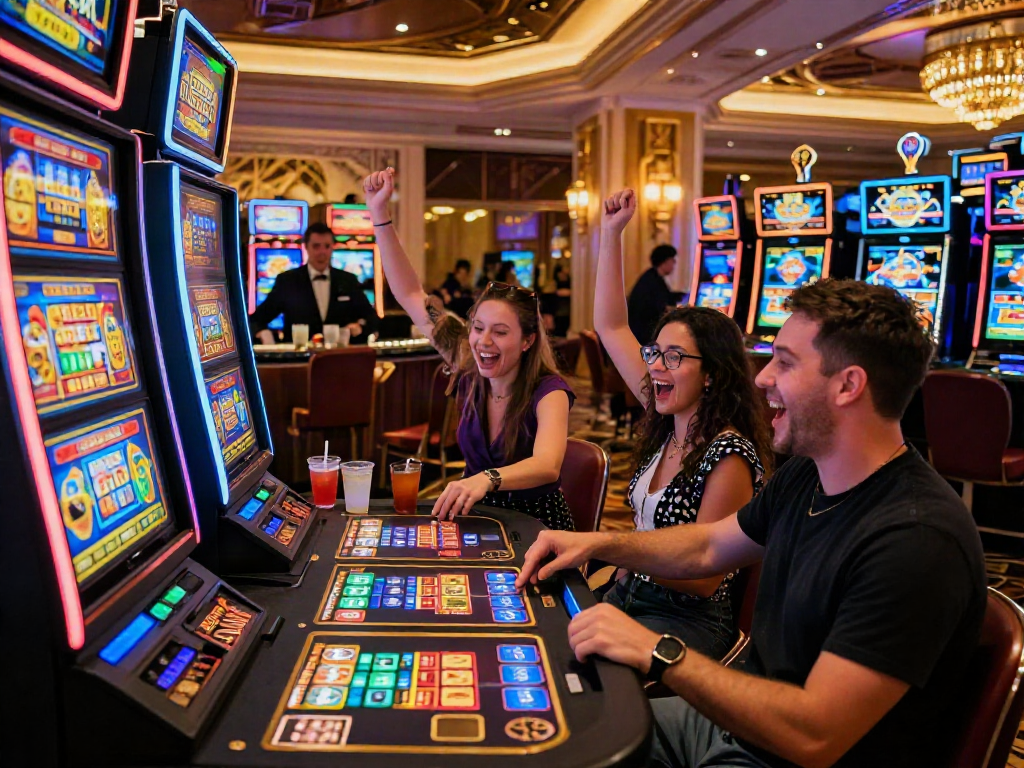 Pengalaman permainan slot LUXURY111 Rtp di kasino mewah dengan suasana meriah dan pencahayaan neon.
