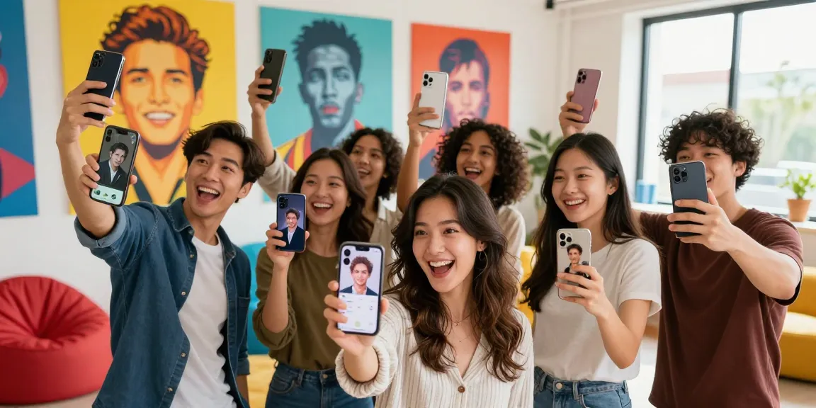 Celebrities look alike fun scene of diverse people comparing selfies with celebrity matches, celebrating their look-alikes.