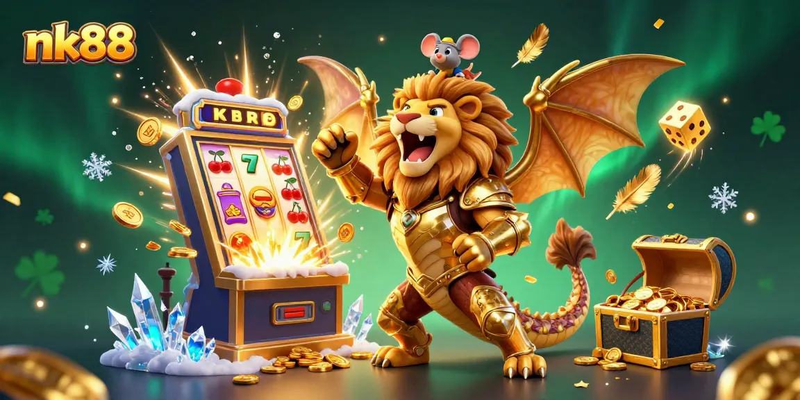 Experience thrilling wins with nk88, where a chimera creature roars above a jackpot explosion in a vibrant casino scene.