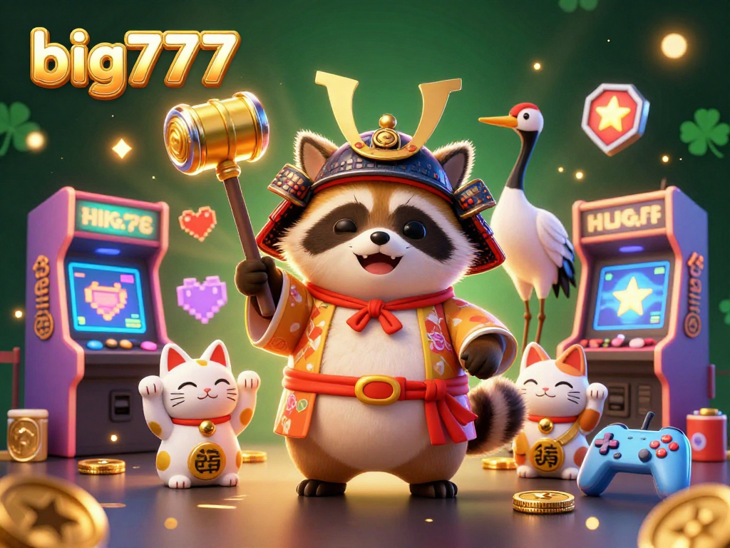 Experience big777's vibrant casino action with a cartoon tanuki, samurai crane, and fortune cats.