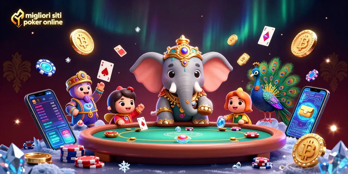 Gioca ai migliori siti poker online con un'illustrazione di elefante e pitta all'azione ai tavoli da poker.