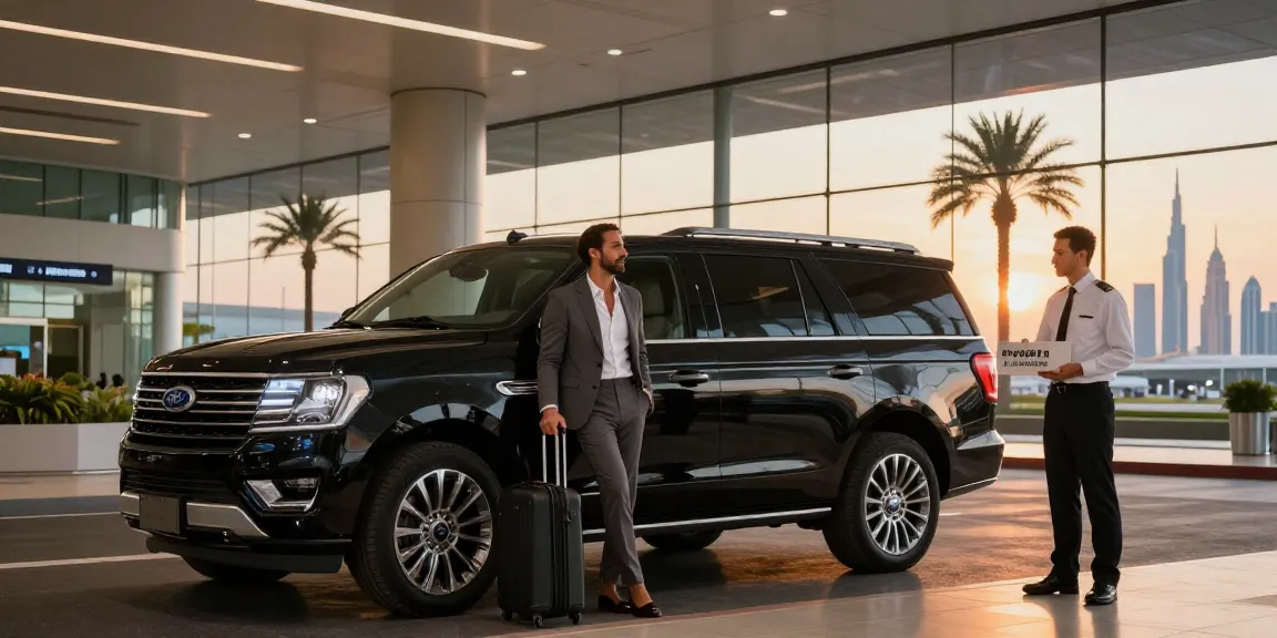 airport transfer dubai luxury with professional chauffeur and high-end SUV in modern airport setting