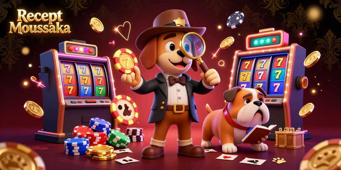 Play and win with Recept Moussaka in this vibrant casino scene filled with golden chips and colorful slot machines.
