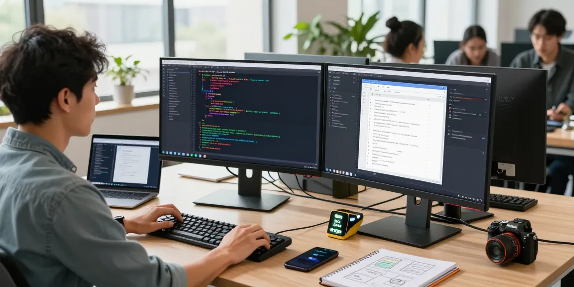 Developer coding in a modern workspace, showcasing cika4d software development with dual monitors.