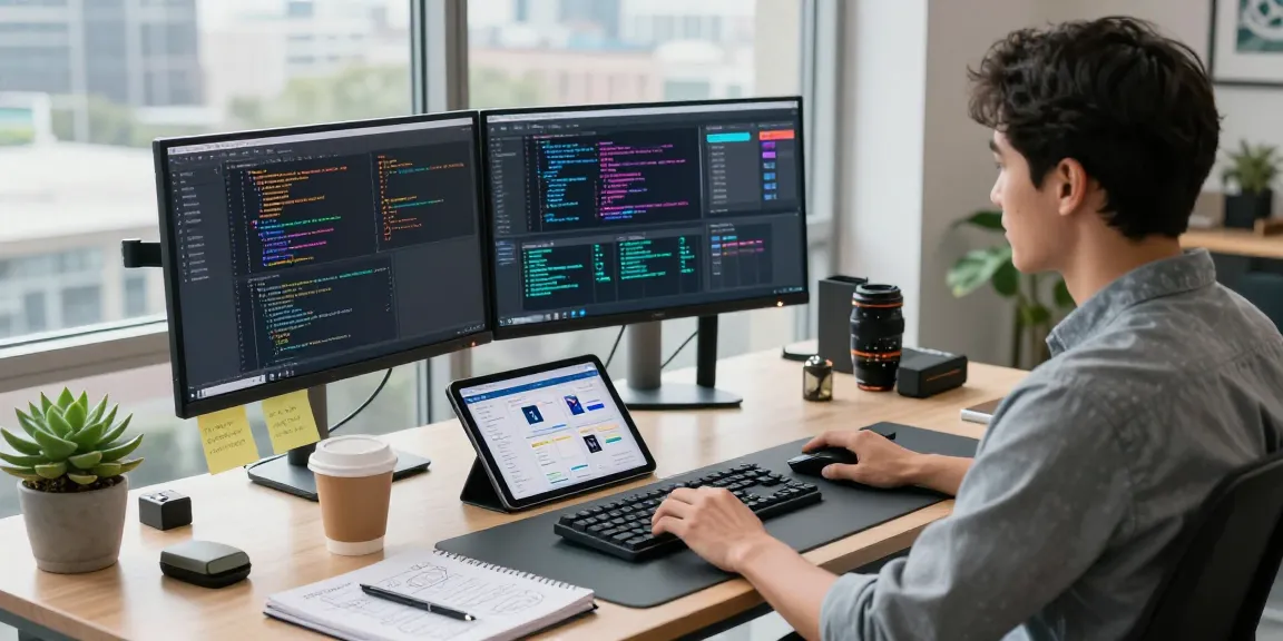 The workspace of a developer using 纸飞机中文版 for coding tasks, featuring dual monitors, a casual setup, and an inspiring atmosphere.