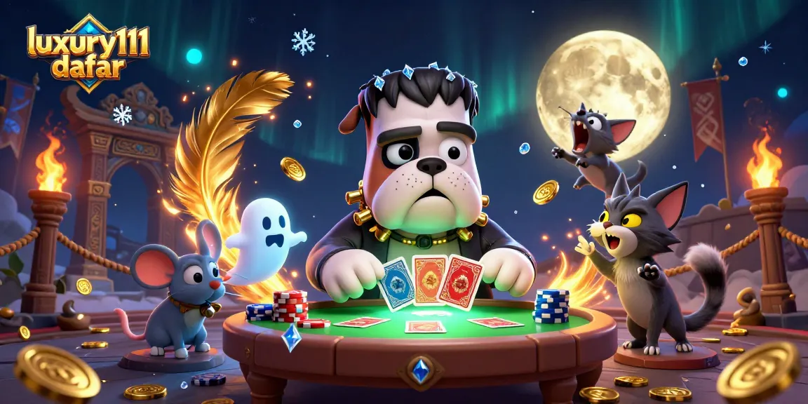 Interact with luxury111 daftar at a vibrant casino scene with a Frankenstein bulldog dealer and mystical elements.